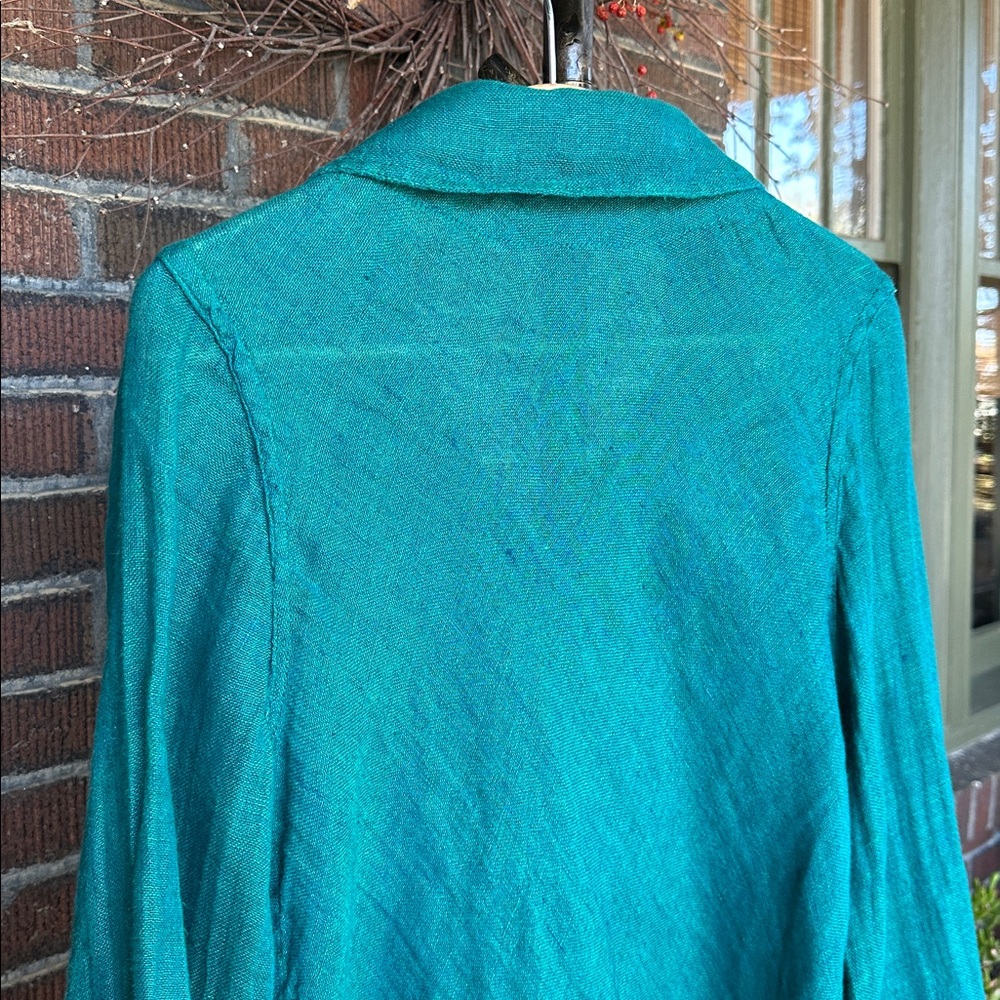 Flax teal green linen Lagenlook 2pc pants tunic/jacket. Size Small - Picture 5 of 13